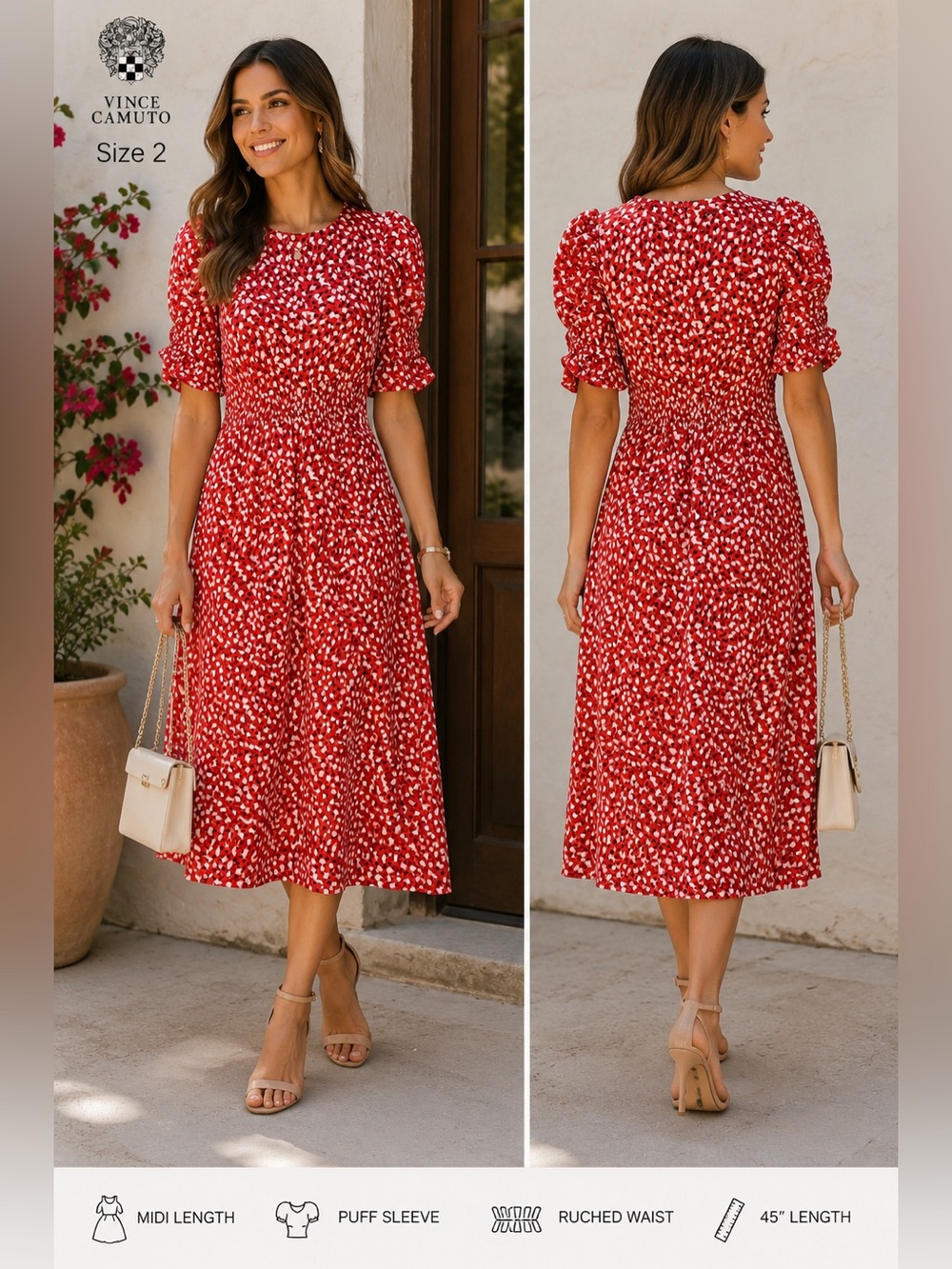 Vince Camuto Red & White Printed Midi Dress